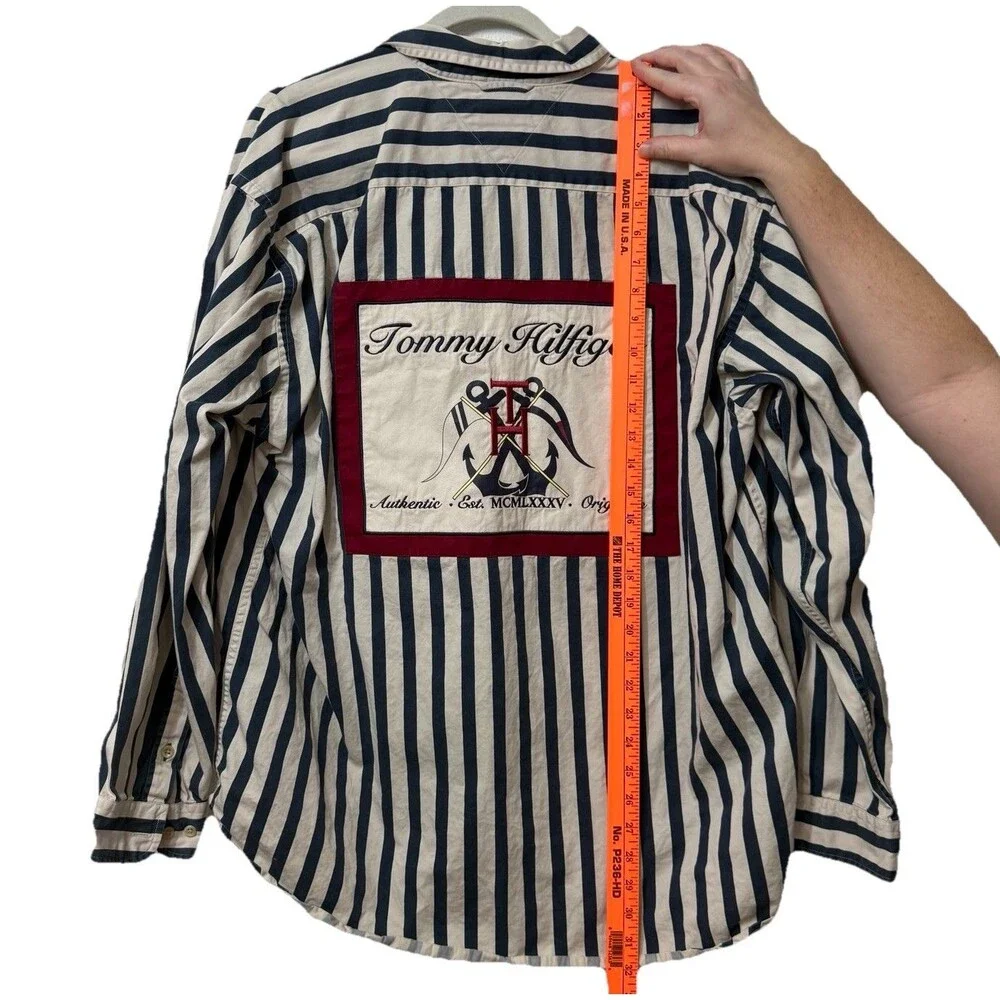 Vintage Tommy Hilfiger Men’s Sailing Flag Yacht Patch Button Striped Shirt Large